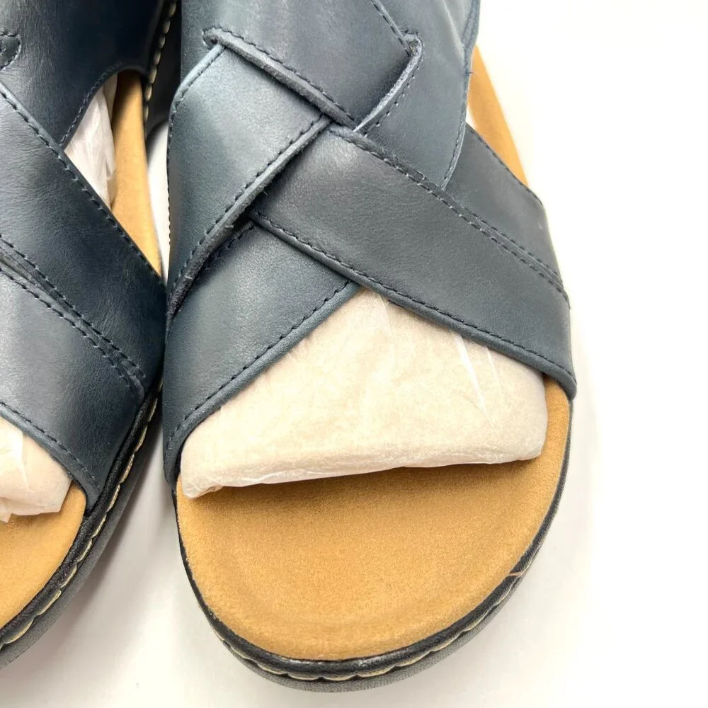 Clarks‎ Womens Size 12 Merliah Echo Navy Blue Leather Low Wedges Sandals Shoes